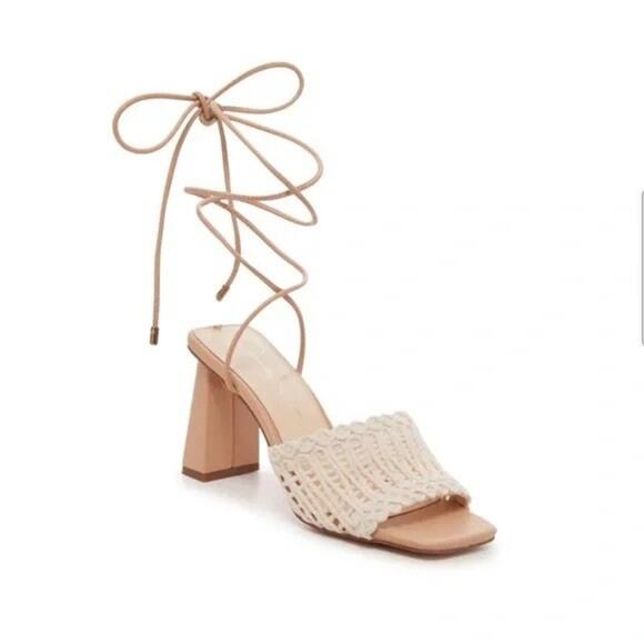 Jessica Simpson Zemura Sandal Beige White Block Heel Tie Up Crochet 8 - Picture 1 of 4